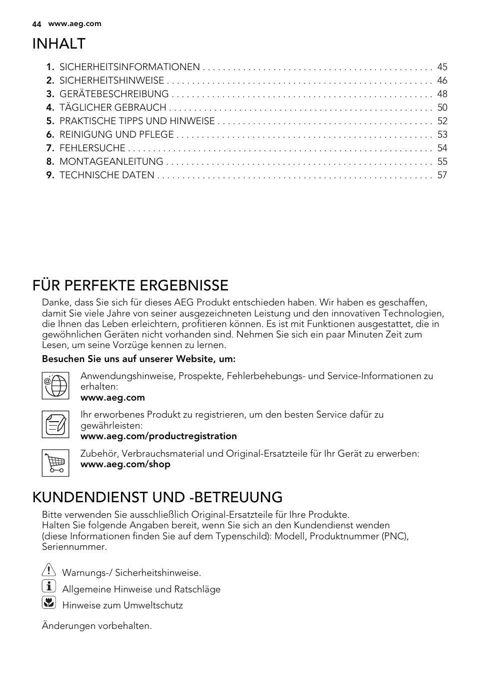 Inhalt, Für perfekte ergebnisse, Kundendienst und -betreuung | AEG HK634060XB User Manual | Page 44 / 72