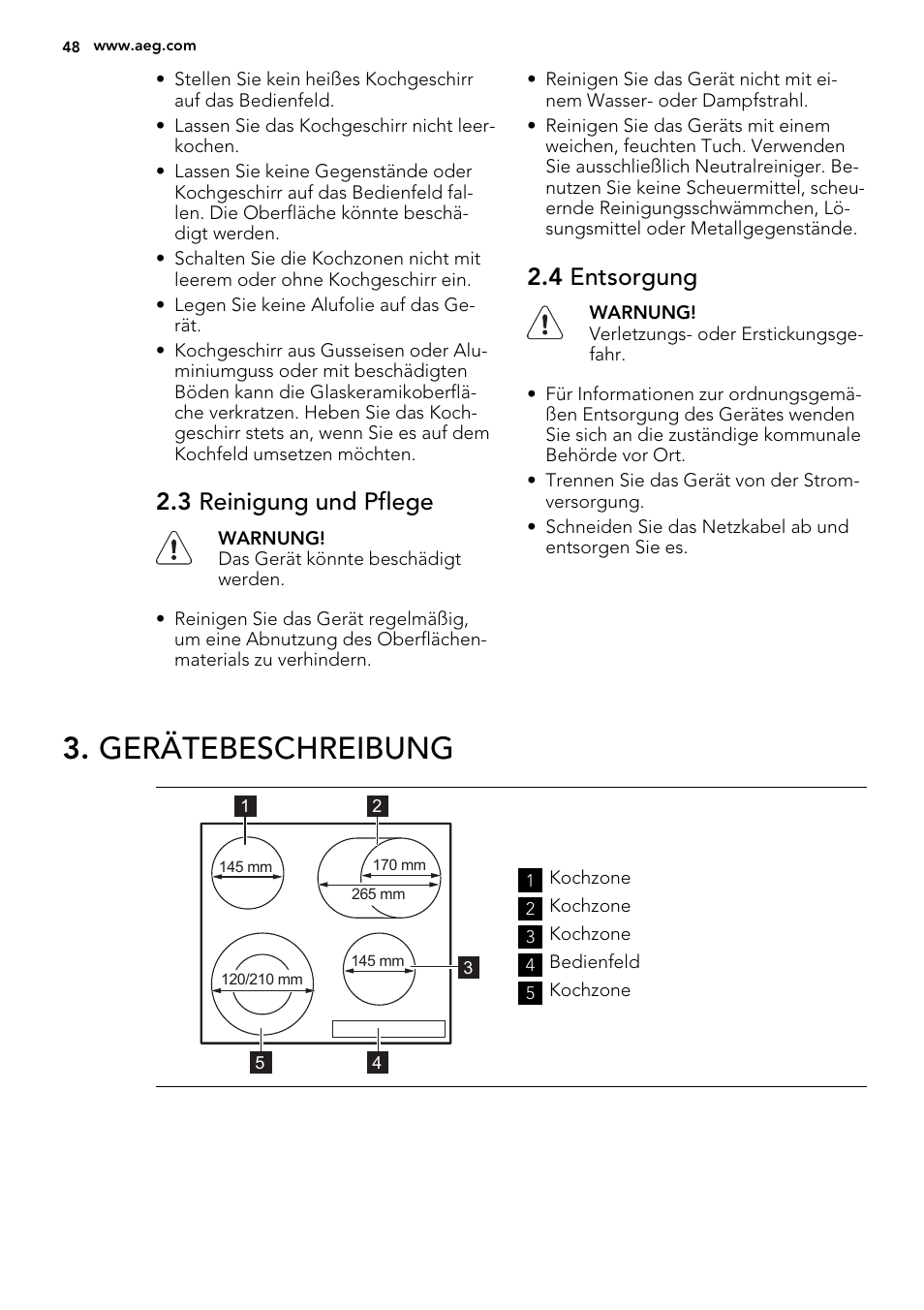 Gerätebeschreibung, 3 reinigung und pflege, 4 entsorgung | AEG HK634060XB User Manual | Page 48 / 72