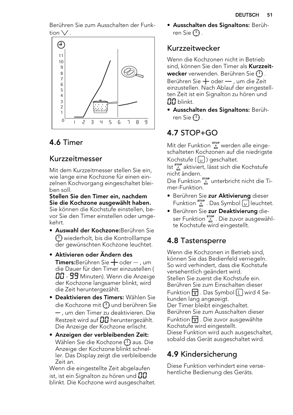 6 timer kurzzeitmesser, Kurzzeitwecker, 7 stop+go | 8 tastensperre, 9 kindersicherung | AEG HK634060XB User Manual | Page 51 / 72