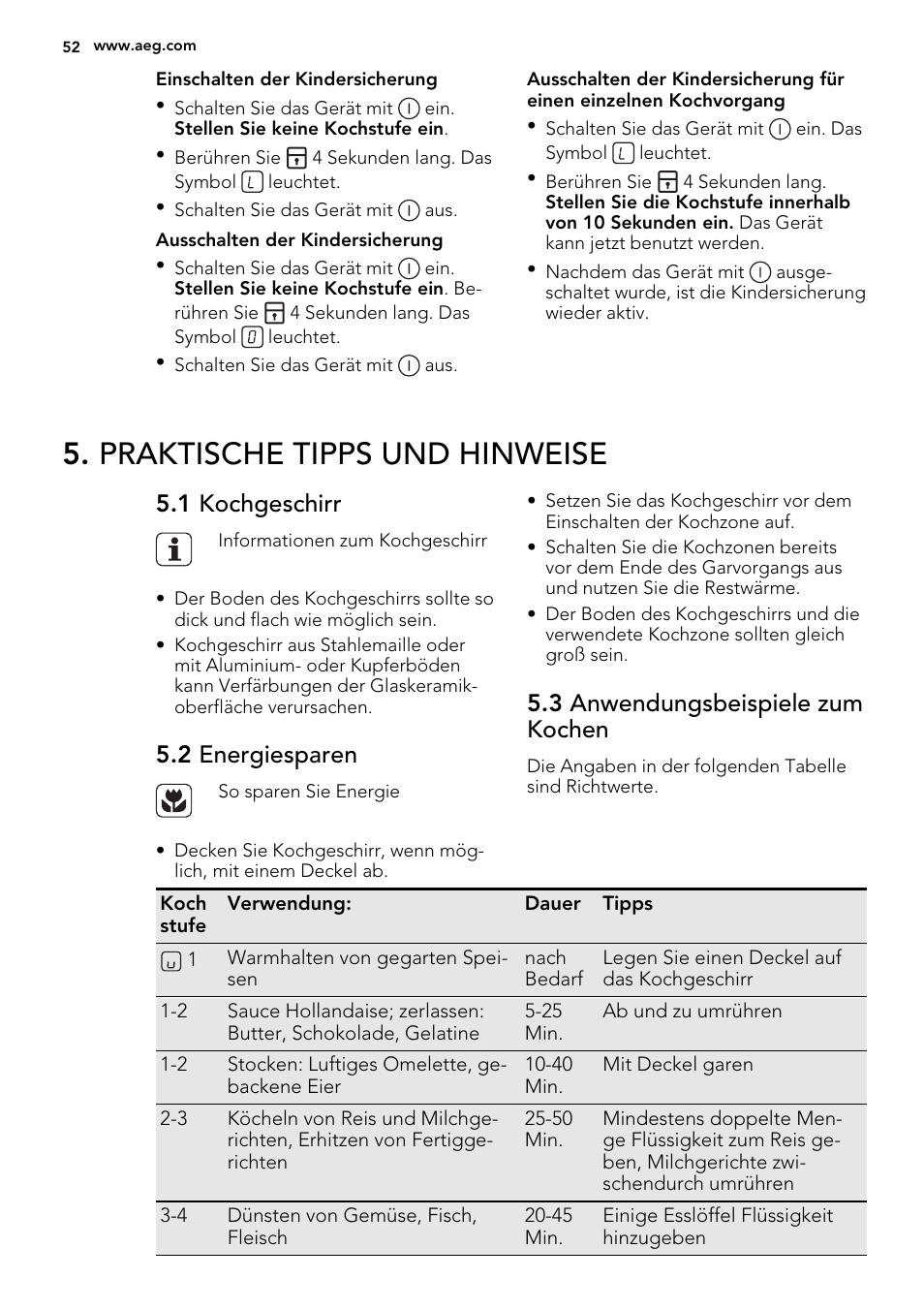 Praktische tipps und hinweise, 1 kochgeschirr, 2 energiesparen | 3 anwendungsbeispiele zum kochen | AEG HK634060XB User Manual | Page 52 / 72