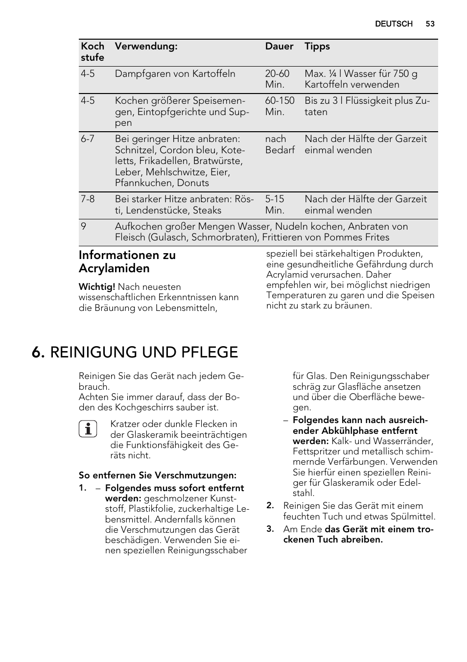 Reinigung und pflege, Informationen zu acrylamiden | AEG HK634060XB User Manual | Page 53 / 72
