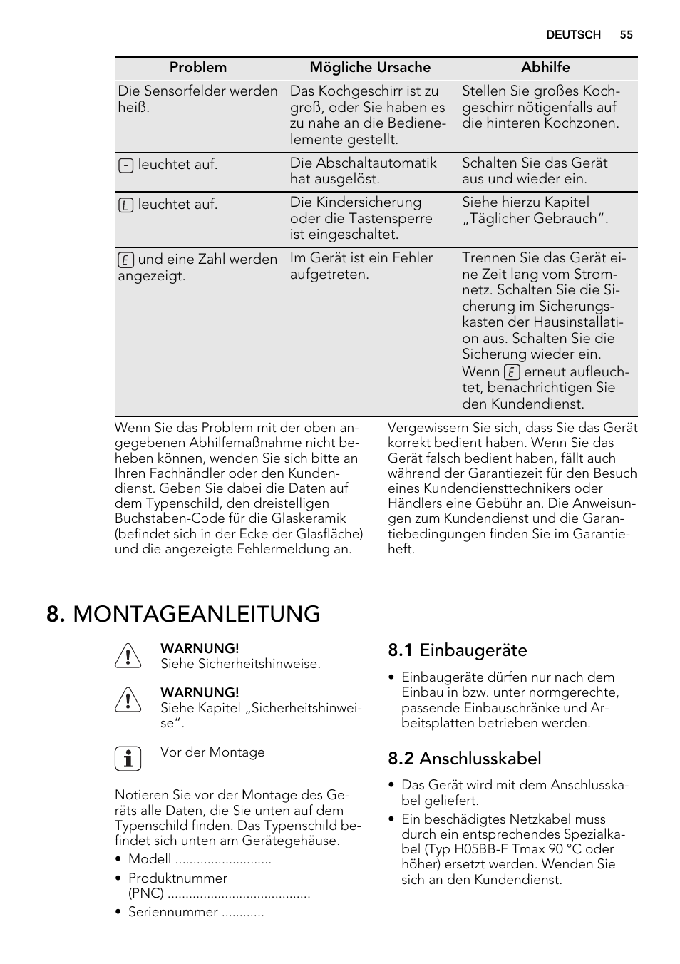 Montageanleitung, 1 einbaugeräte, 2 anschlusskabel | AEG HK634060XB User Manual | Page 55 / 72