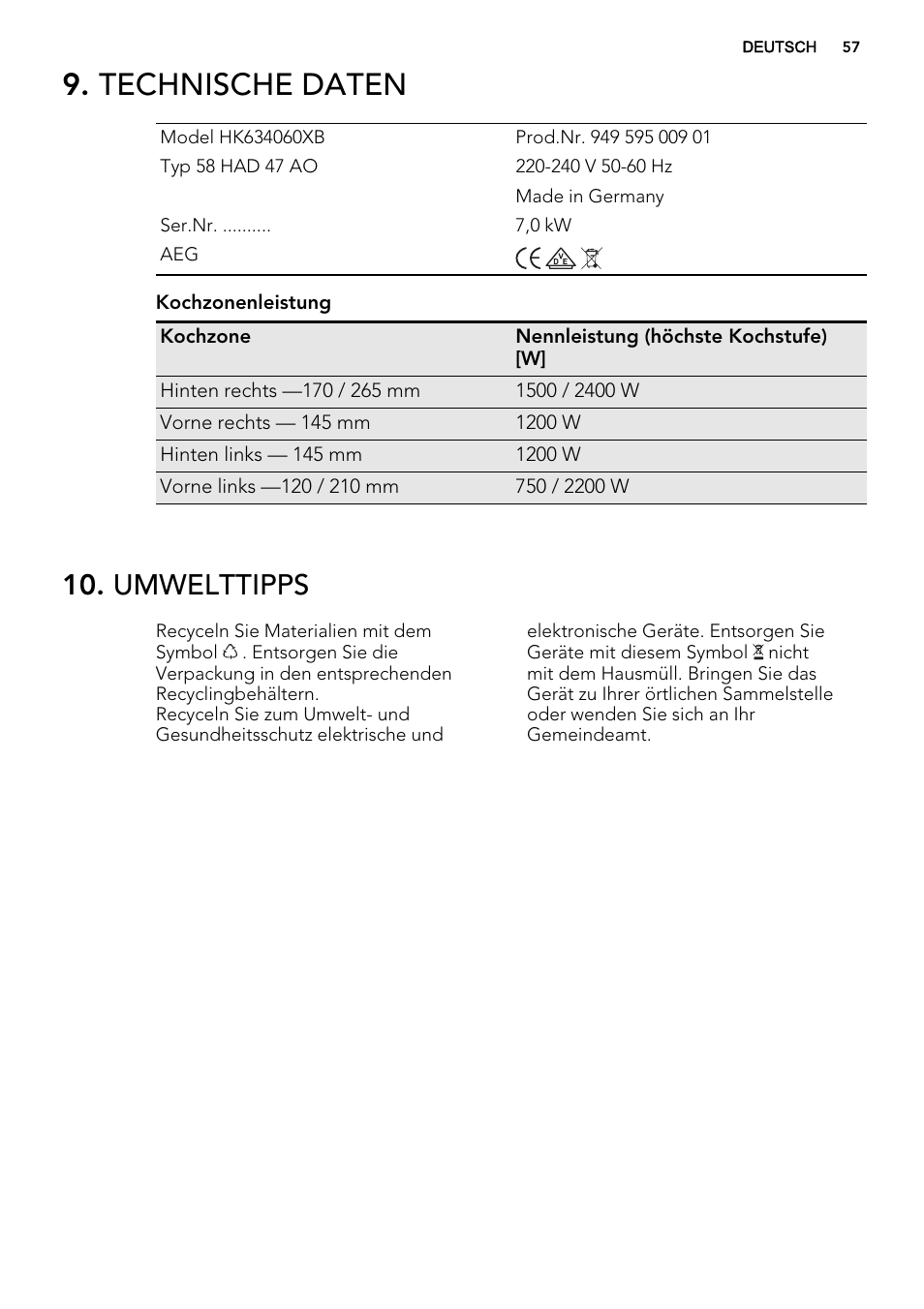 Technische daten, Umwelttipps | AEG HK634060XB User Manual | Page 57 / 72