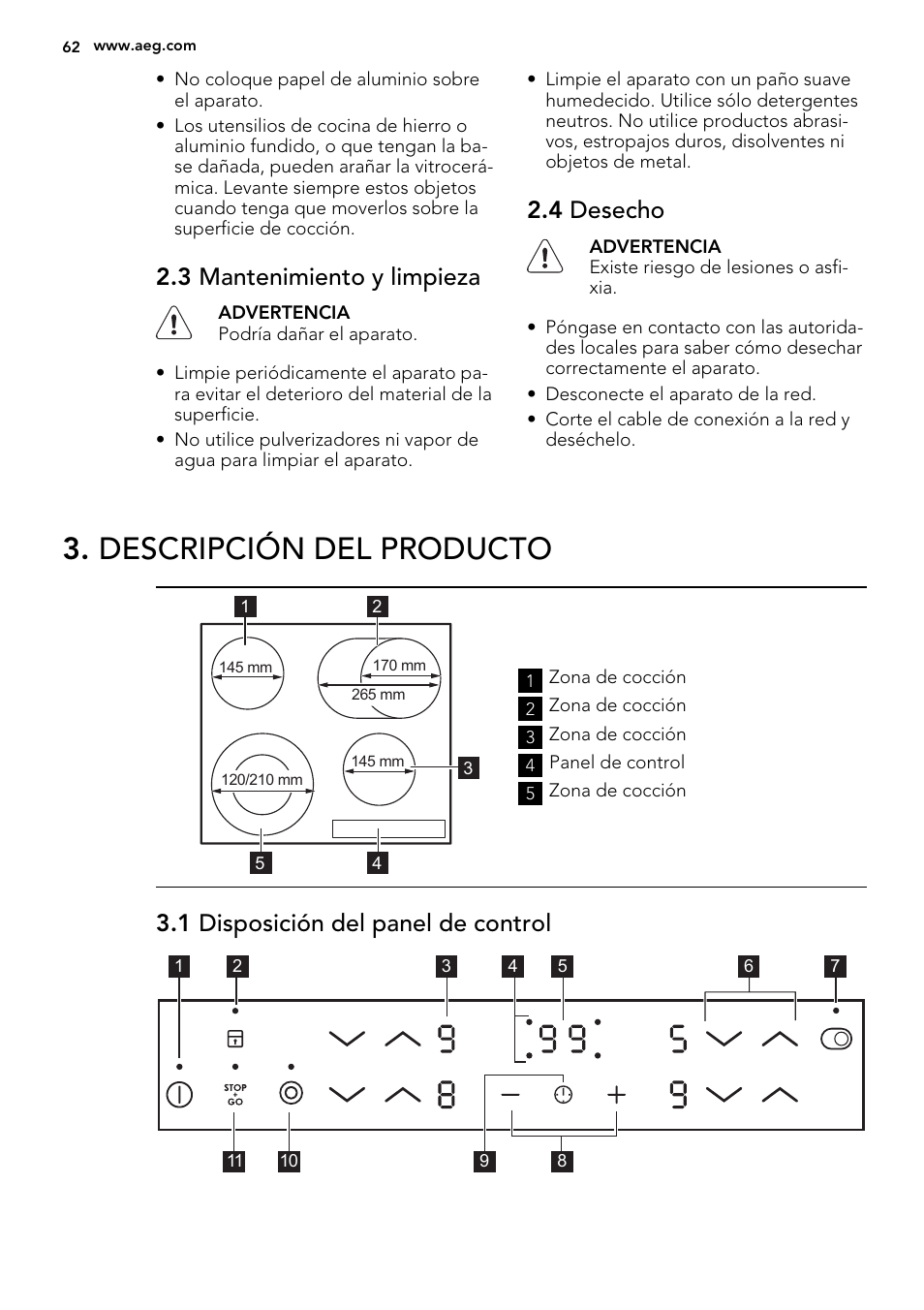 Descripción del producto, 3 mantenimiento y limpieza, 4 desecho | 1 disposición del panel de control | AEG HK634060XB User Manual | Page 62 / 72