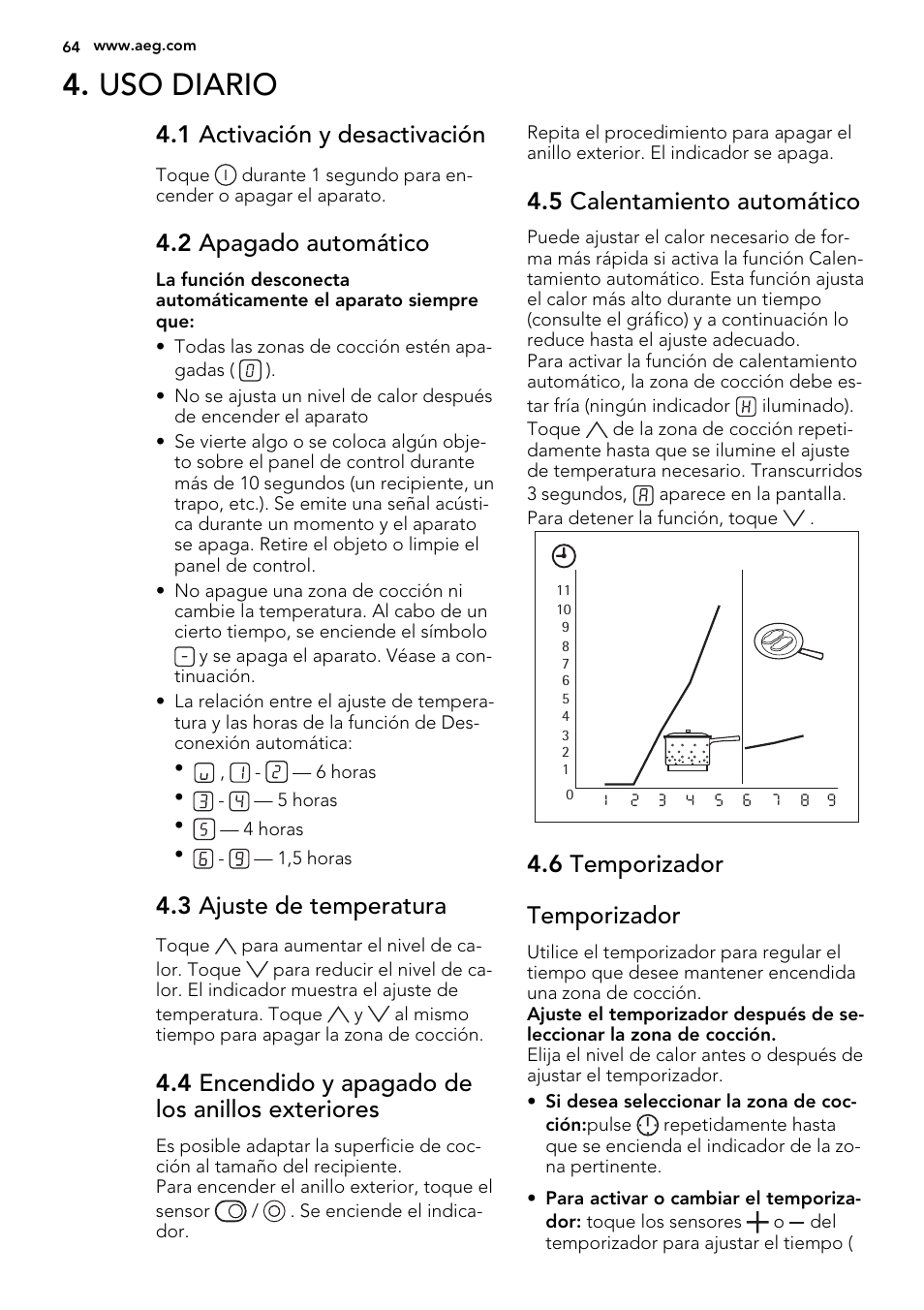 Uso diario, 1 activación y desactivación, 2 apagado automático | 3 ajuste de temperatura, 4 encendido y apagado de los anillos exteriores, 5 calentamiento automático, 6 temporizador temporizador | AEG HK634060XB User Manual | Page 64 / 72