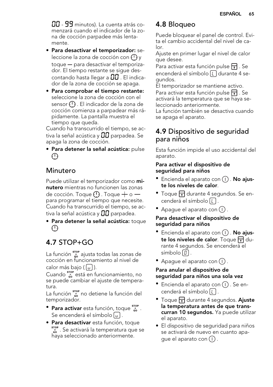 Minutero, 7 stop+go, 8 bloqueo | 9 dispositivo de seguridad para niños | AEG HK634060XB User Manual | Page 65 / 72