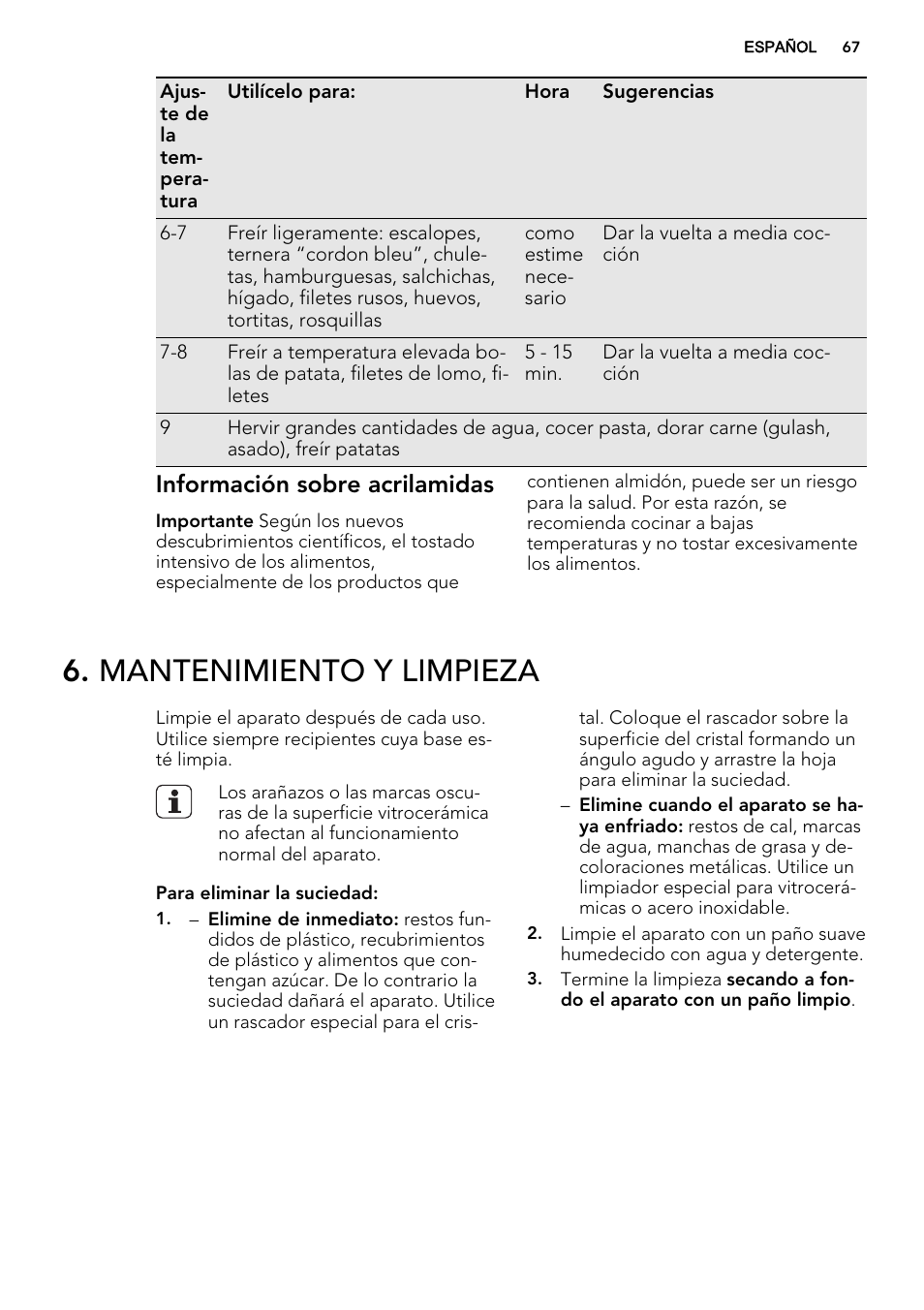 Mantenimiento y limpieza, Información sobre acrilamidas | AEG HK634060XB User Manual | Page 67 / 72