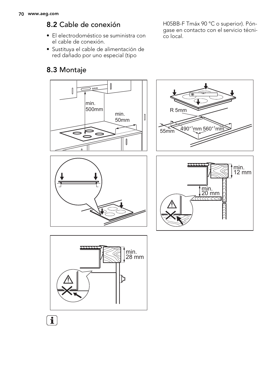 2 cable de conexión, 3 montaje | AEG HK634060XB User Manual | Page 70 / 72