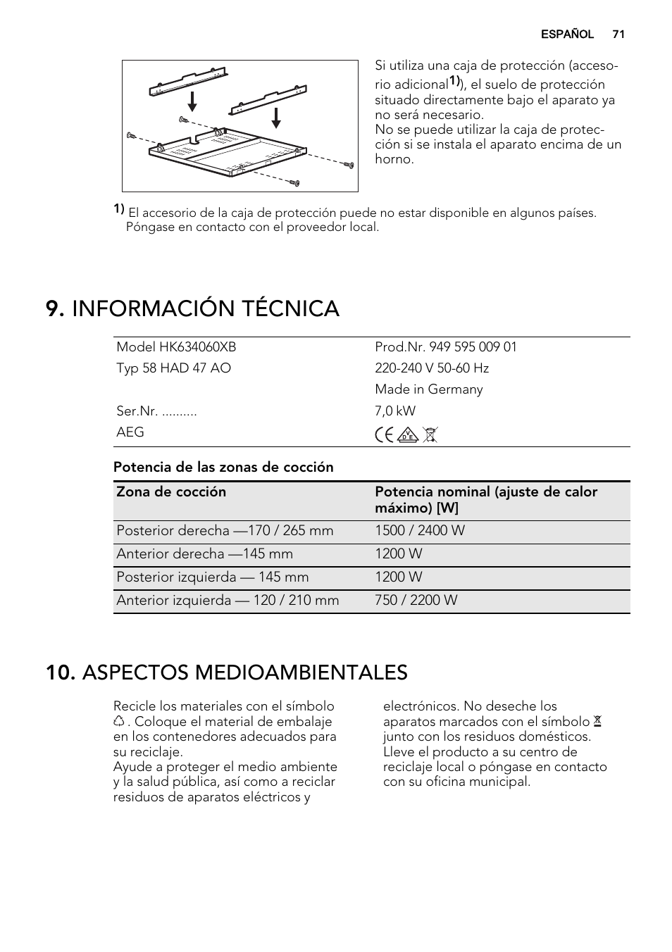 Información técnica, Aspectos medioambientales | AEG HK634060XB User Manual | Page 71 / 72
