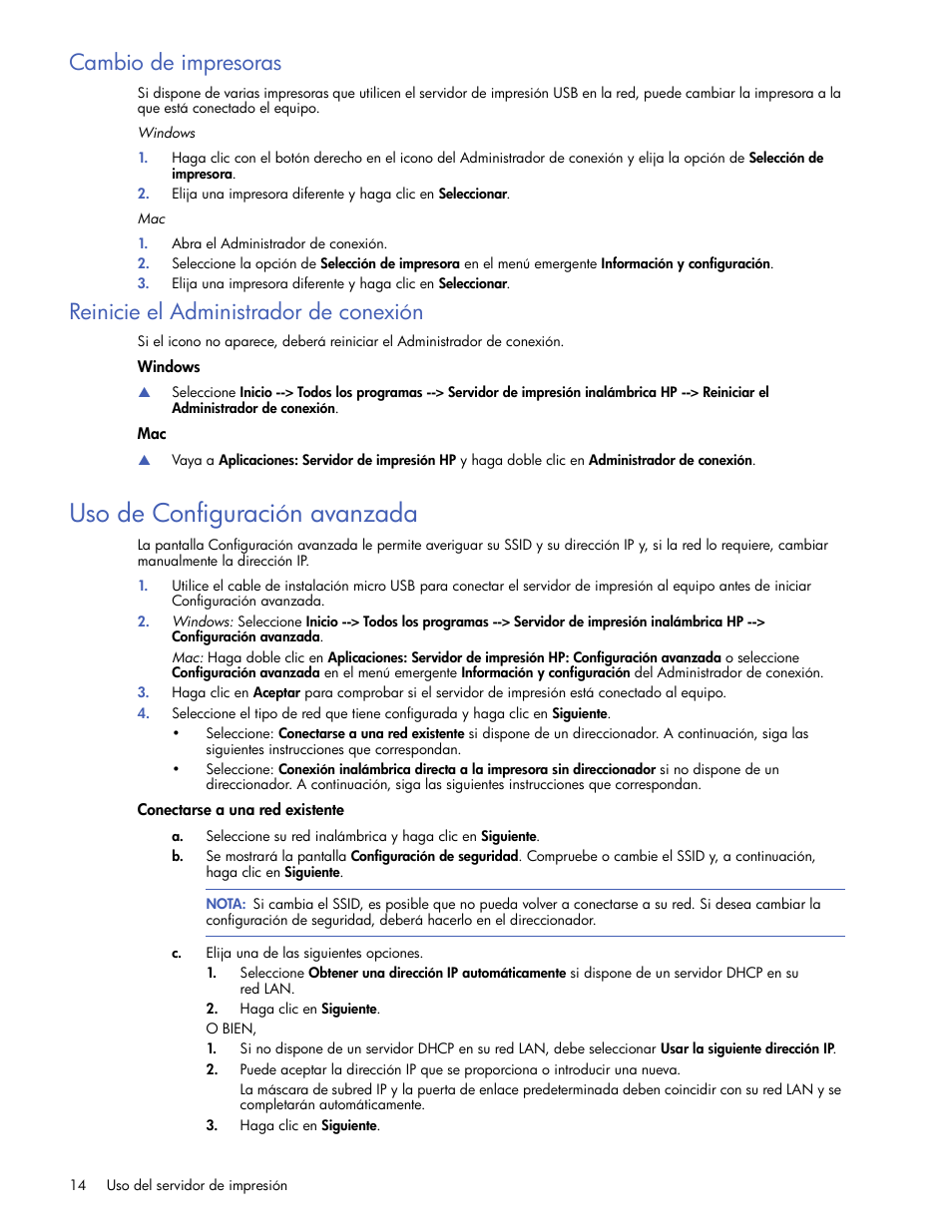 Cambio de impresoras, Reinicie el administrador de conexión, Windows | Uso de configuración avanzada, Conectarse a una red existente | HP Servidor de impresión G inalámbrico HP 2101nw User Manual | Page 14 / 26