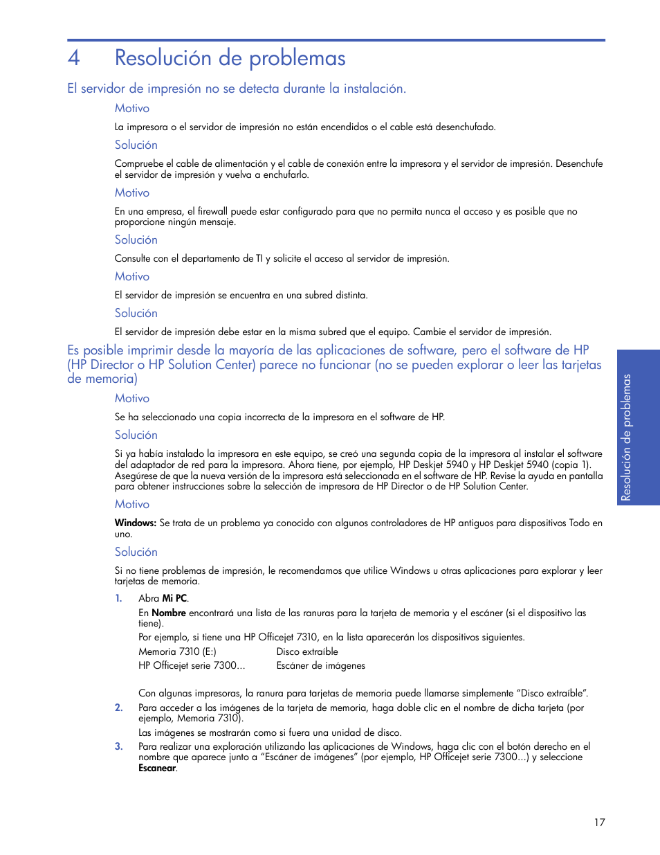 Resolución de problemas, Motivo, Solución | 4 resolución de problemas, 4resolución de problemas | HP Servidor de impresión G inalámbrico HP 2101nw User Manual | Page 17 / 26