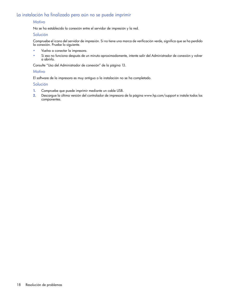 Motivo, Solución | HP Servidor de impresión G inalámbrico HP 2101nw User Manual | Page 18 / 26