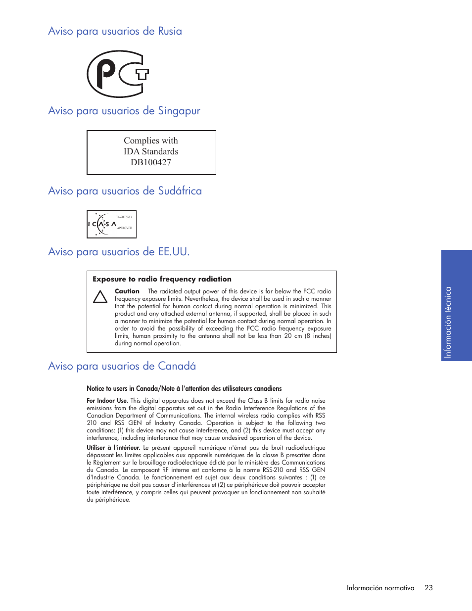 Aviso para usuarios de rusia, Aviso para usuarios de singapur, Aviso para usuarios de sudáfrica | Aviso para usuarios de ee.uu, Aviso para usuarios de canadá | HP Servidor de impresión G inalámbrico HP 2101nw User Manual | Page 23 / 26