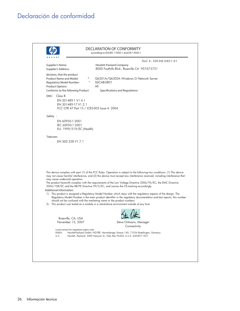 Declaración de conformidad, Declaration of conformity | HP Servidor de impresión G inalámbrico HP 2101nw User Manual | Page 26 / 26