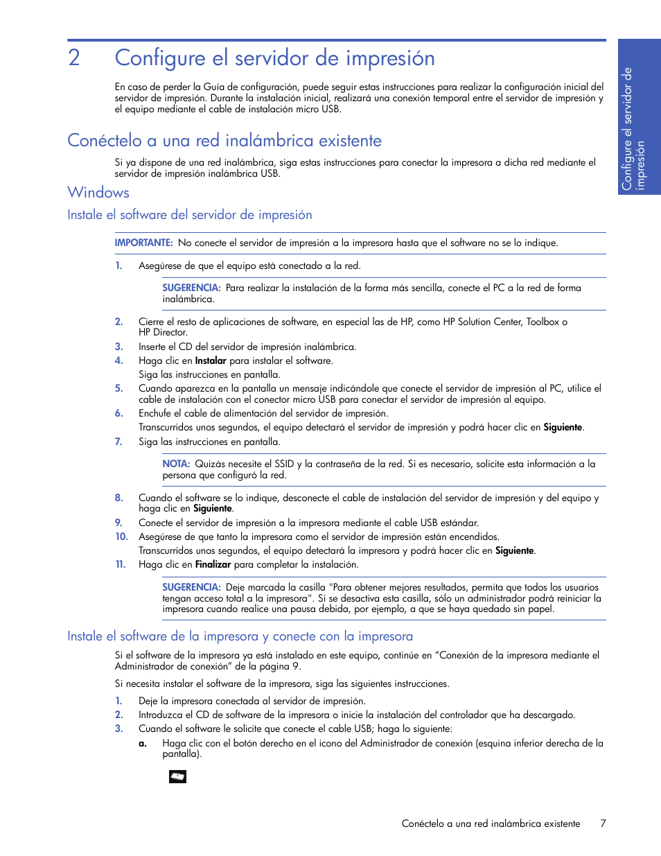 Configure el servidor de impresión, Conéctelo a una red inalámbrica existente, Windows | Instale el software del servidor de impresión, 2 configure el servidor de impresión, 2configure el servidor de impresión | HP Servidor de impresión G inalámbrico HP 2101nw User Manual | Page 7 / 26