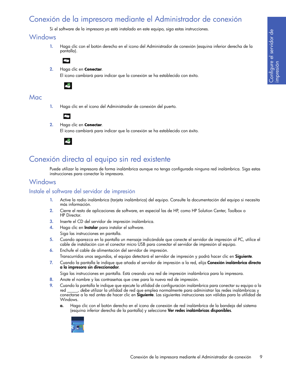 Windows, Conexión directa al equipo sin red existente, Instale el software del servidor de impresión | HP Servidor de impresión G inalámbrico HP 2101nw User Manual | Page 9 / 26