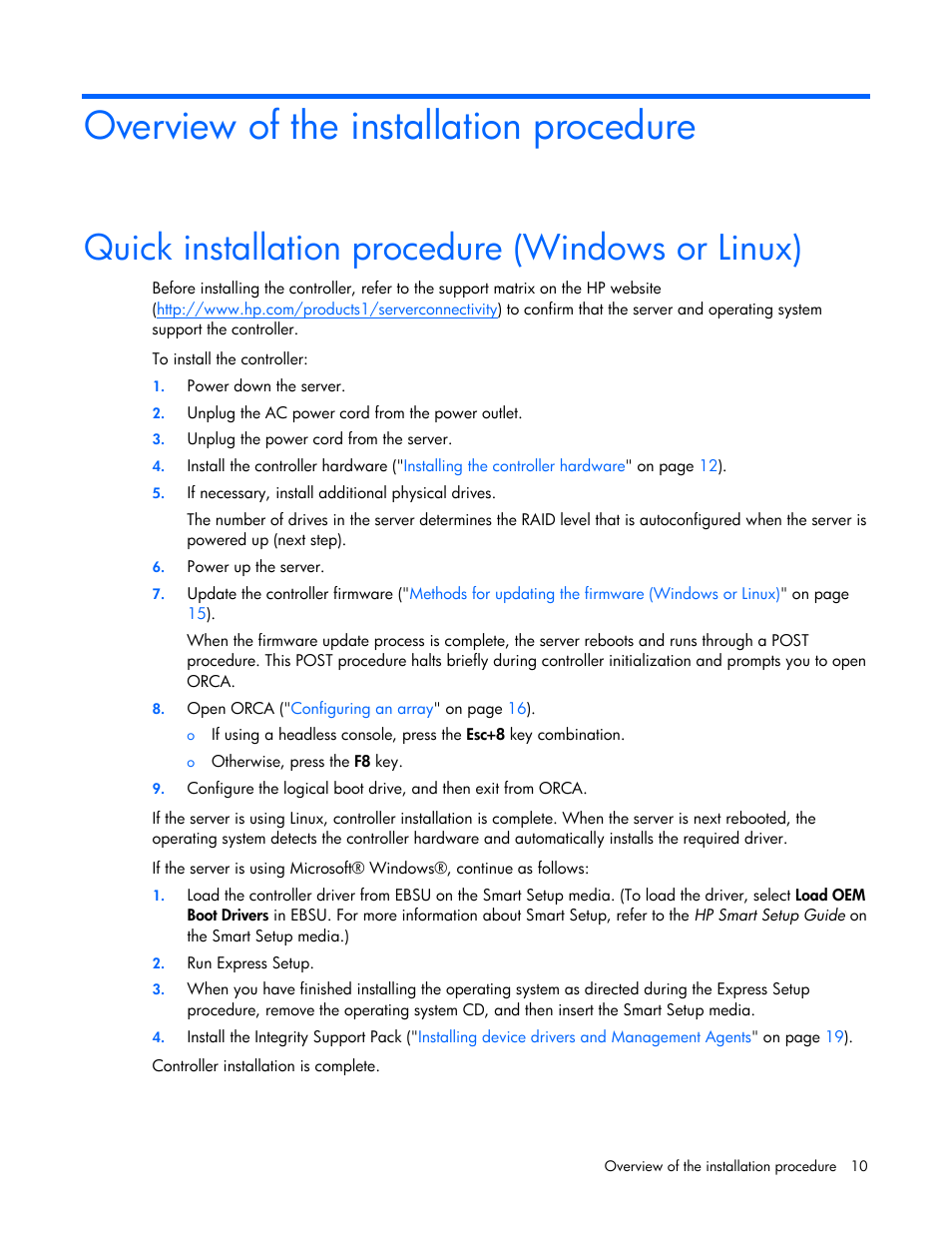 Overview of the installation procedure, Quick installation procedure (windows or linux) | HP Integrity rx4640 Server User Manual | Page 10 / 55