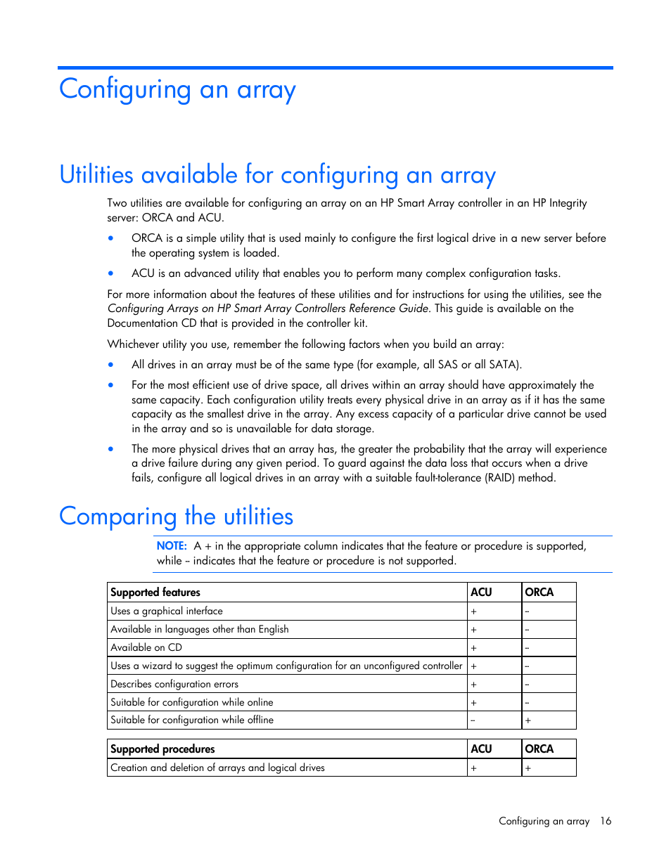 Configuring an array, Utilities available for configuring an array, Comparing the utilities | HP Integrity rx4640 Server User Manual | Page 16 / 55