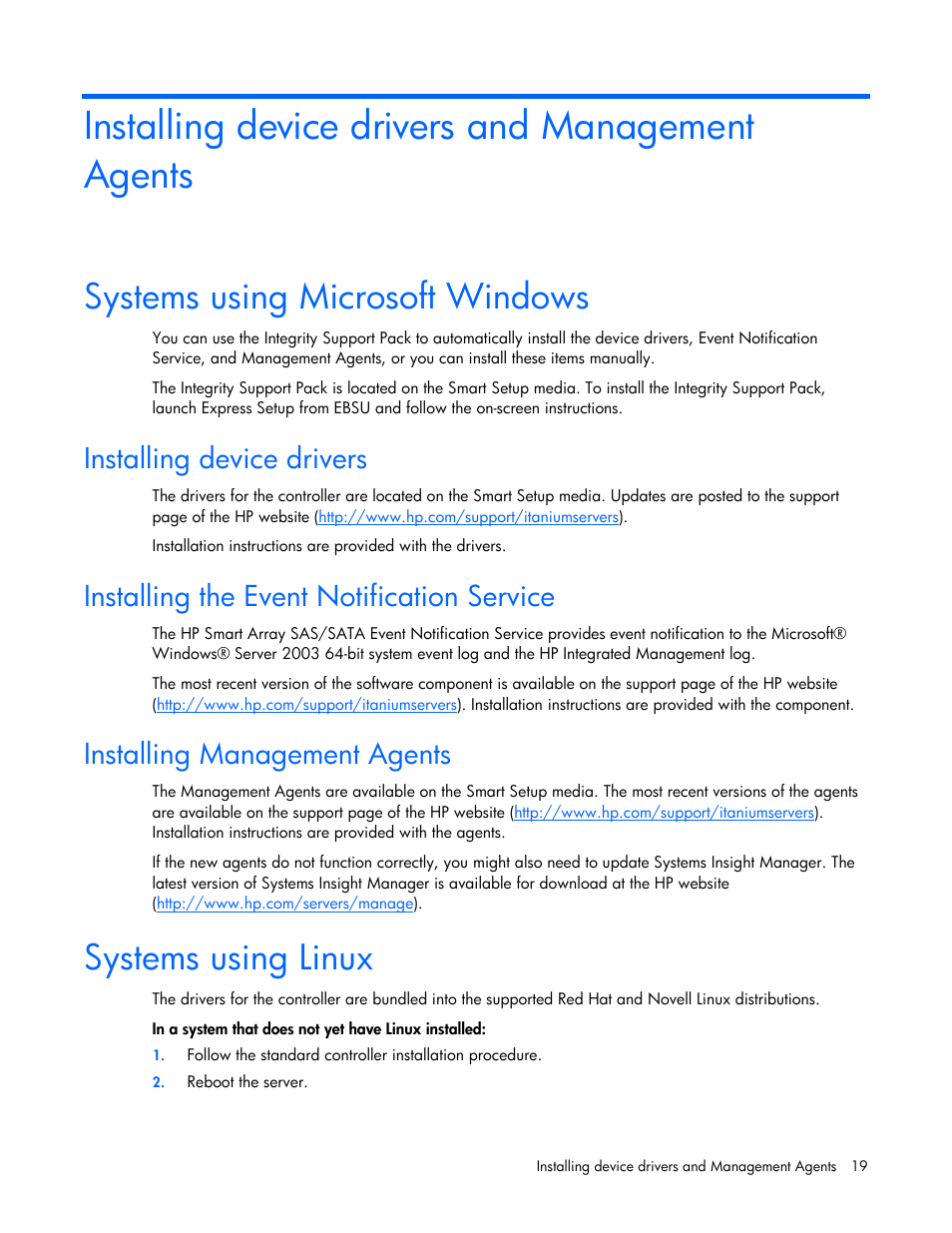 Installing device drivers and management agents, Systems using microsoft windows, Installing device drivers | Installing the event notification service, Installing management agents, Systems using linux, Pack | HP Integrity rx4640 Server User Manual | Page 19 / 55