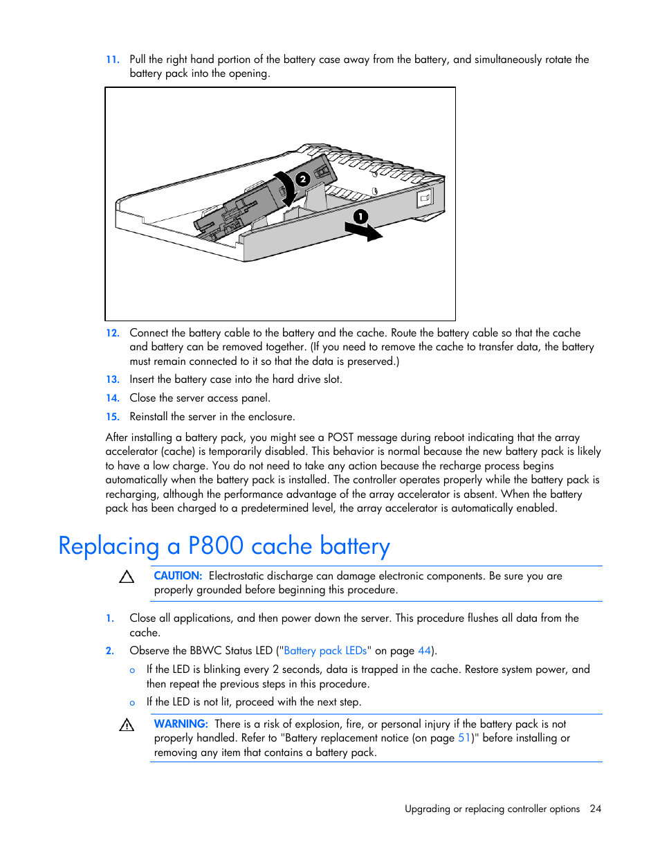 Replacing a p800 cache battery | HP Integrity rx4640 Server User Manual | Page 24 / 55