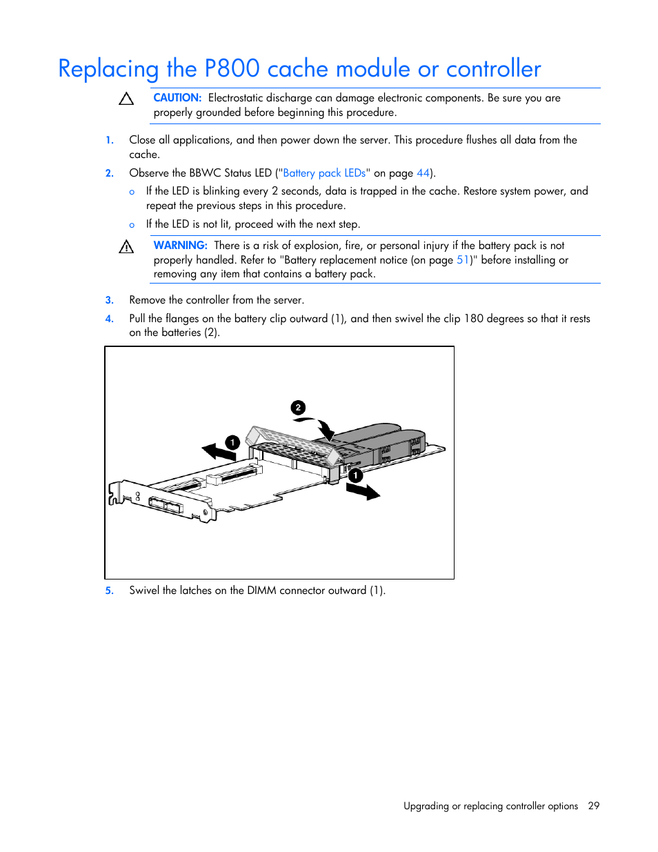 Replacing the p800 cache module or controller | HP Integrity rx4640 Server User Manual | Page 29 / 55
