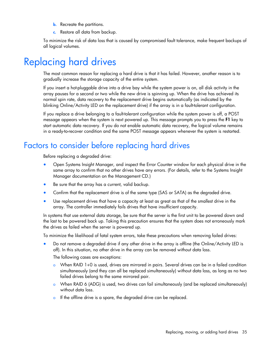 Replacing hard drives, Factors to consider before replacing hard drives | HP Integrity rx4640 Server User Manual | Page 35 / 55