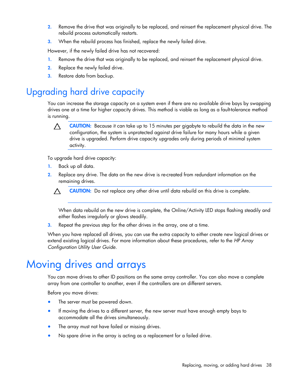 Upgrading hard drive capacity, Moving drives and arrays | HP Integrity rx4640 Server User Manual | Page 38 / 55