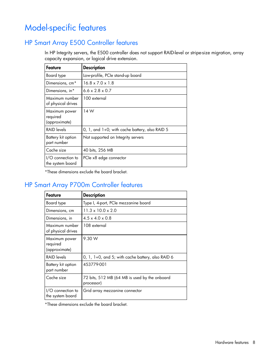 Model-specific features, Hp smart array e500 controller features, Hp smart array p700m controller features | HP Integrity rx4640 Server User Manual | Page 8 / 55