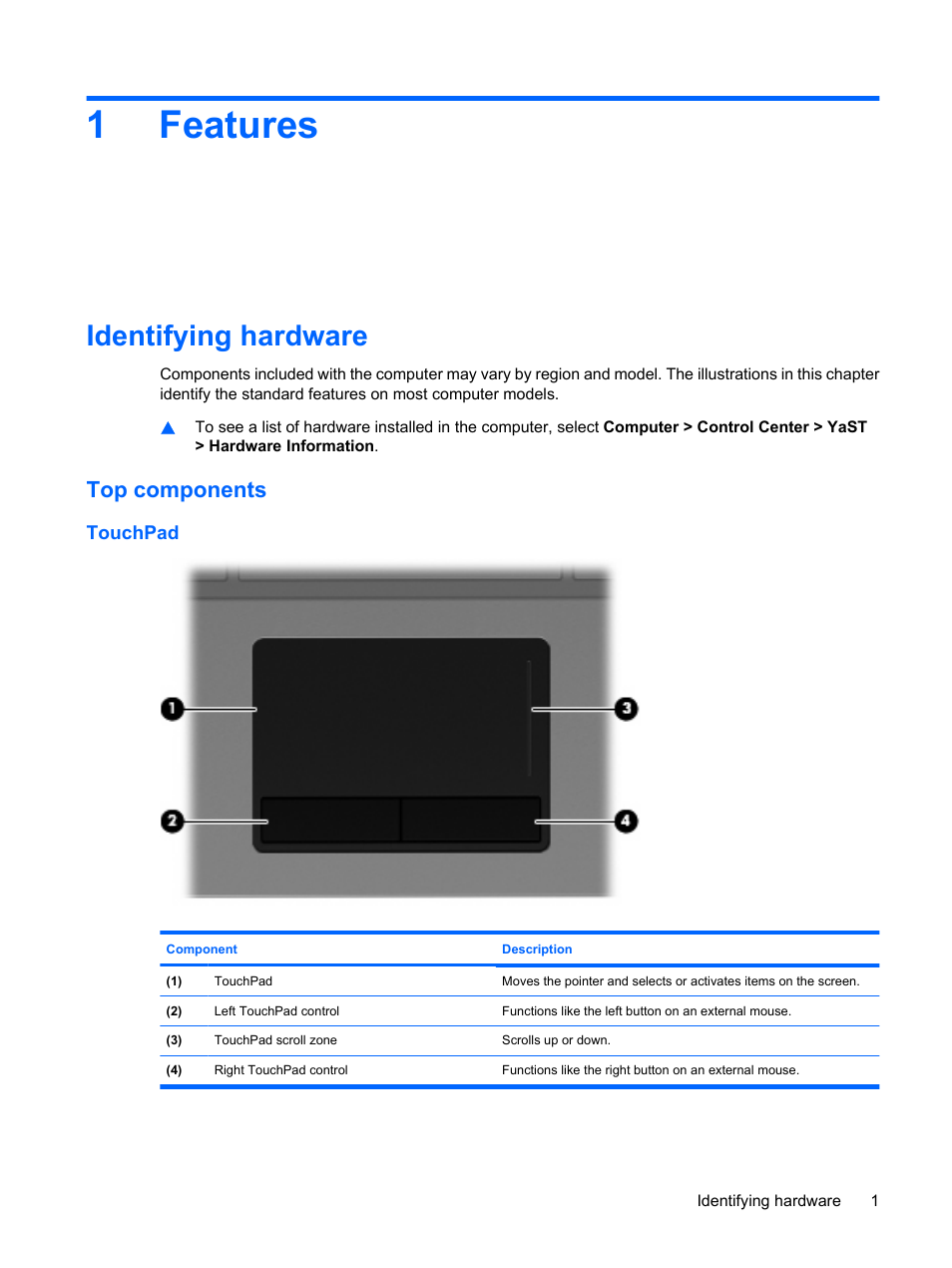 Features, Identifying hardware, Top components | Touchpad, 1 features, 1features | HP ProBook 5320m Notebook PC User Manual | Page 11 / 92