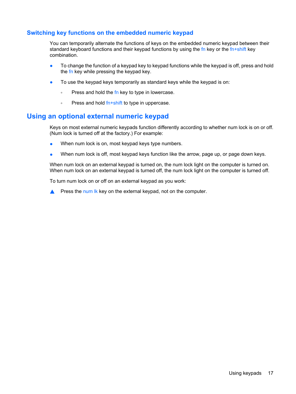 Using an optional external numeric keypad | HP ProBook 5320m Notebook PC User Manual | Page 27 / 92