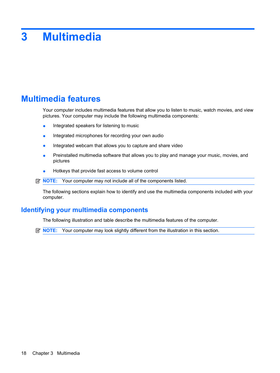 Multimedia, Multimedia features, Identifying your multimedia components | 3 multimedia, 3multimedia | HP ProBook 5320m Notebook PC User Manual | Page 28 / 92