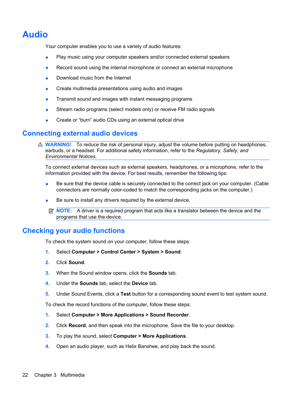 Audio, Connecting external audio devices, Checking your audio functions | HP ProBook 5320m Notebook PC User Manual | Page 32 / 92