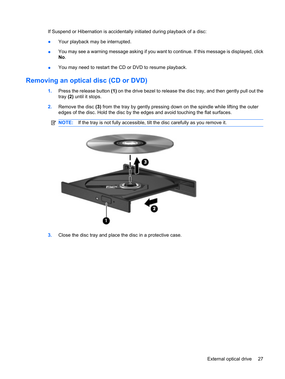 Removing an optical disc (cd or dvd) | HP ProBook 5320m Notebook PC User Manual | Page 37 / 92