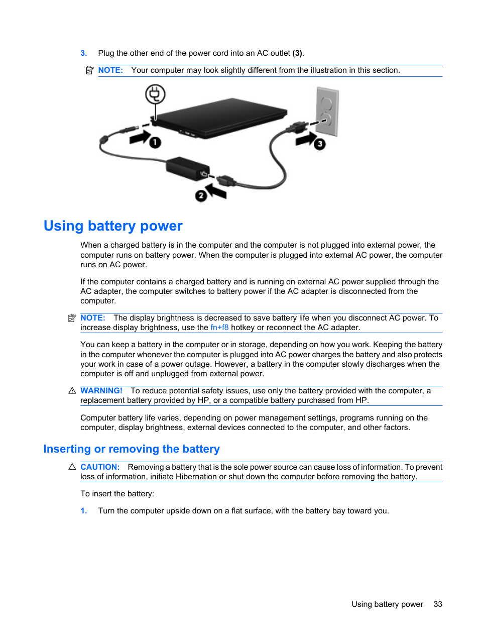 Using battery power, Inserting or removing the battery | HP ProBook 5320m Notebook PC User Manual | Page 43 / 92