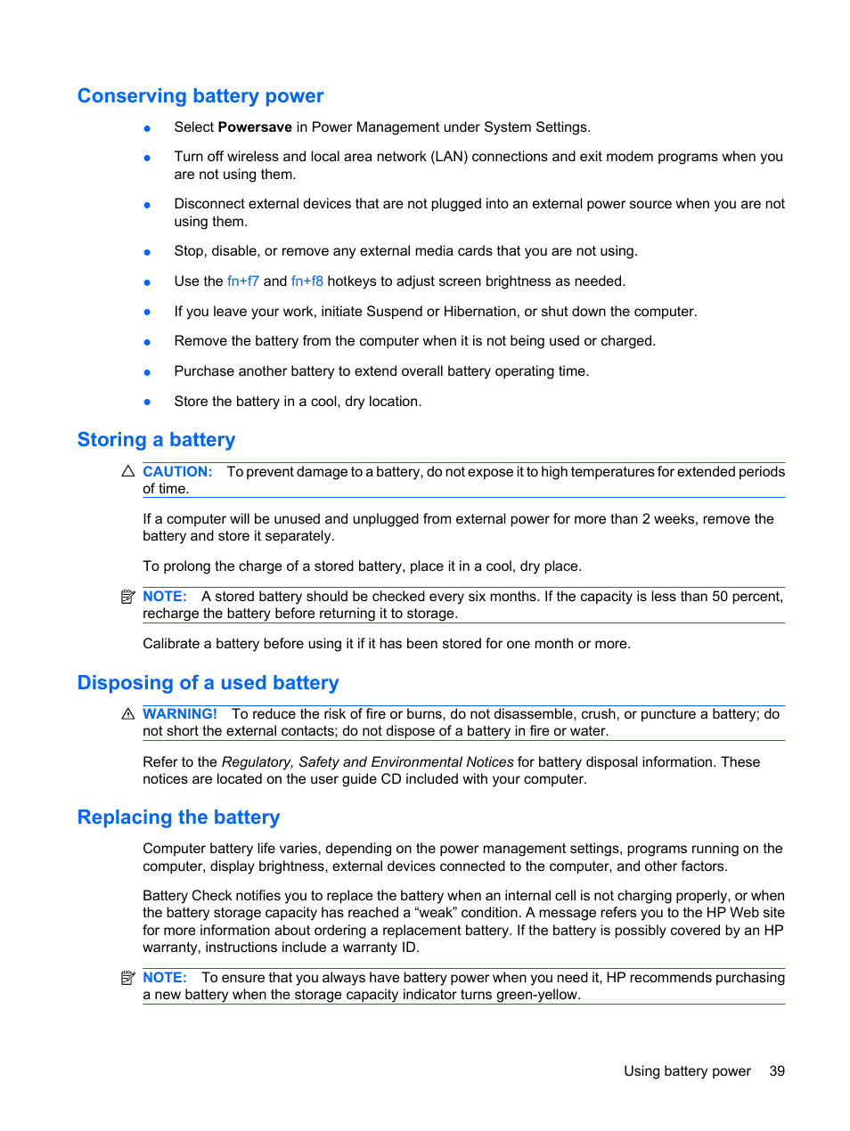 Conserving battery power, Storing a battery, Disposing of a used battery | Replacing the battery | HP ProBook 5320m Notebook PC User Manual | Page 49 / 92