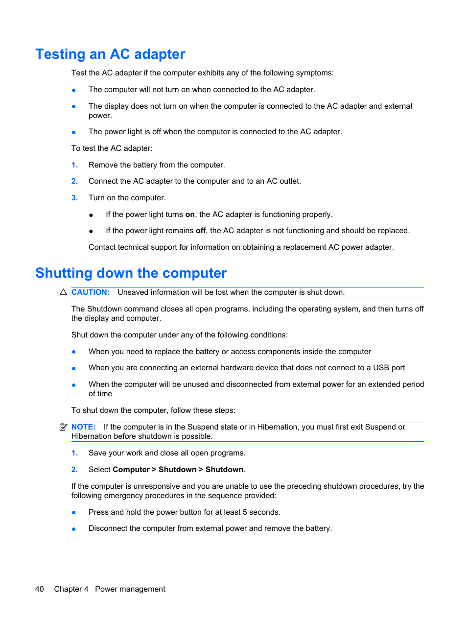 Testing an ac adapter, Shutting down the computer, Testing an ac adapter shutting down the computer | HP ProBook 5320m Notebook PC User Manual | Page 50 / 92