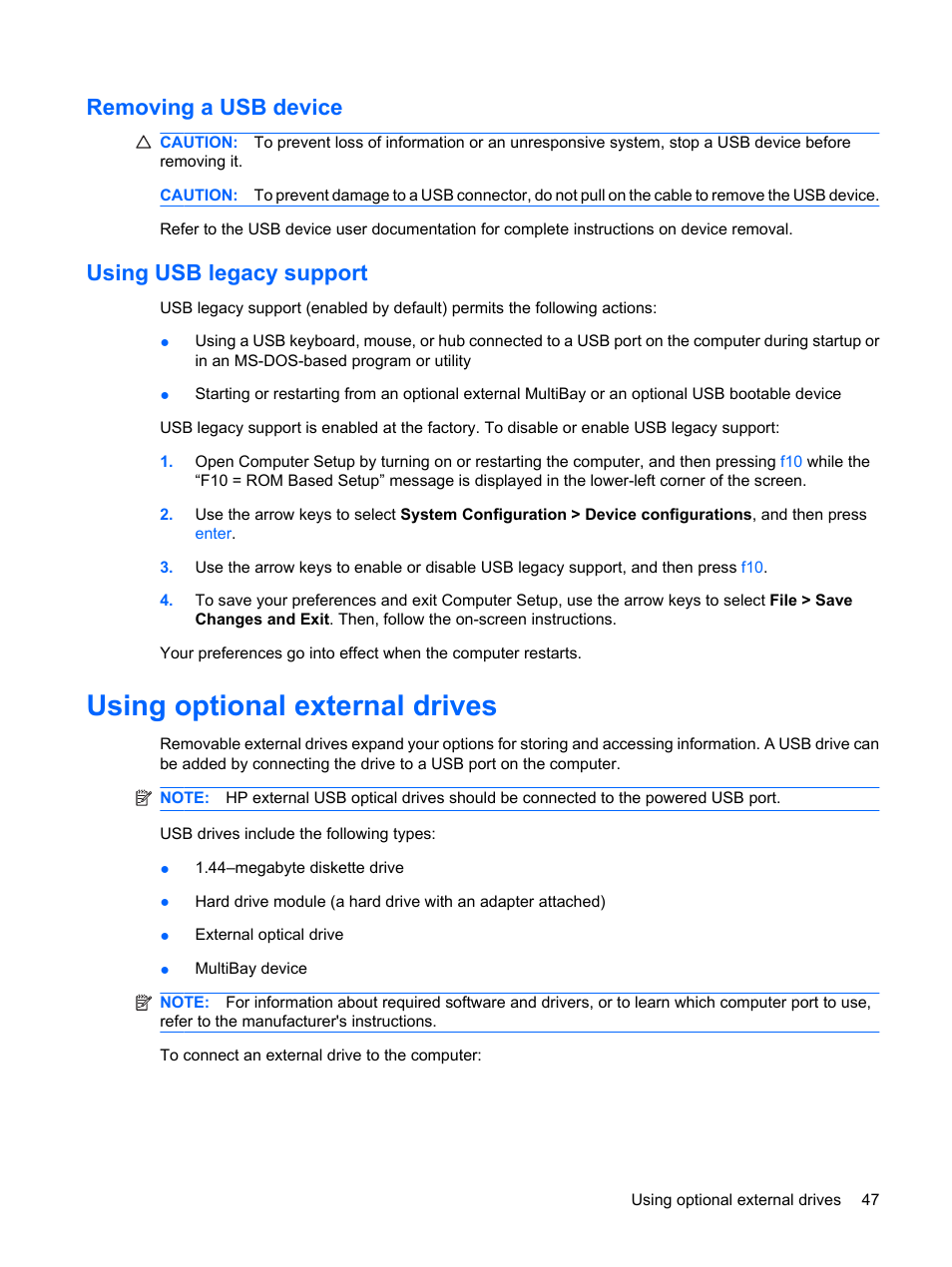 Removing a usb device, Using usb legacy support, Using optional external drives | Removing a usb device using usb legacy support | HP ProBook 5320m Notebook PC User Manual | Page 57 / 92