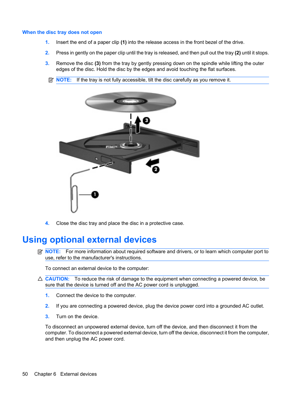 When the disc tray does not open, Using optional external devices | HP ProBook 5320m Notebook PC User Manual | Page 60 / 92
