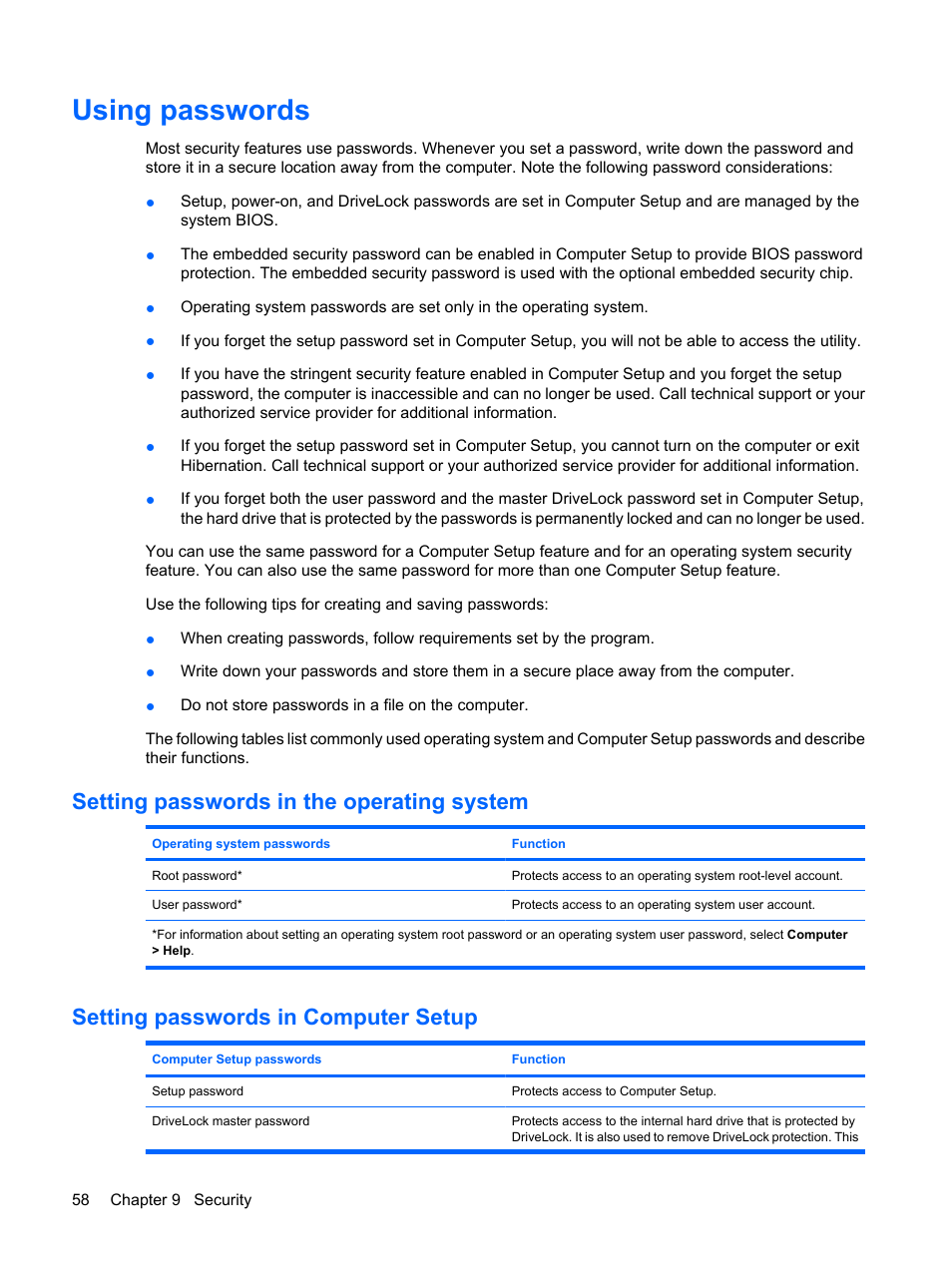 Using passwords, Setting passwords in the operating system, Setting passwords in computer setup | HP ProBook 5320m Notebook PC User Manual | Page 68 / 92