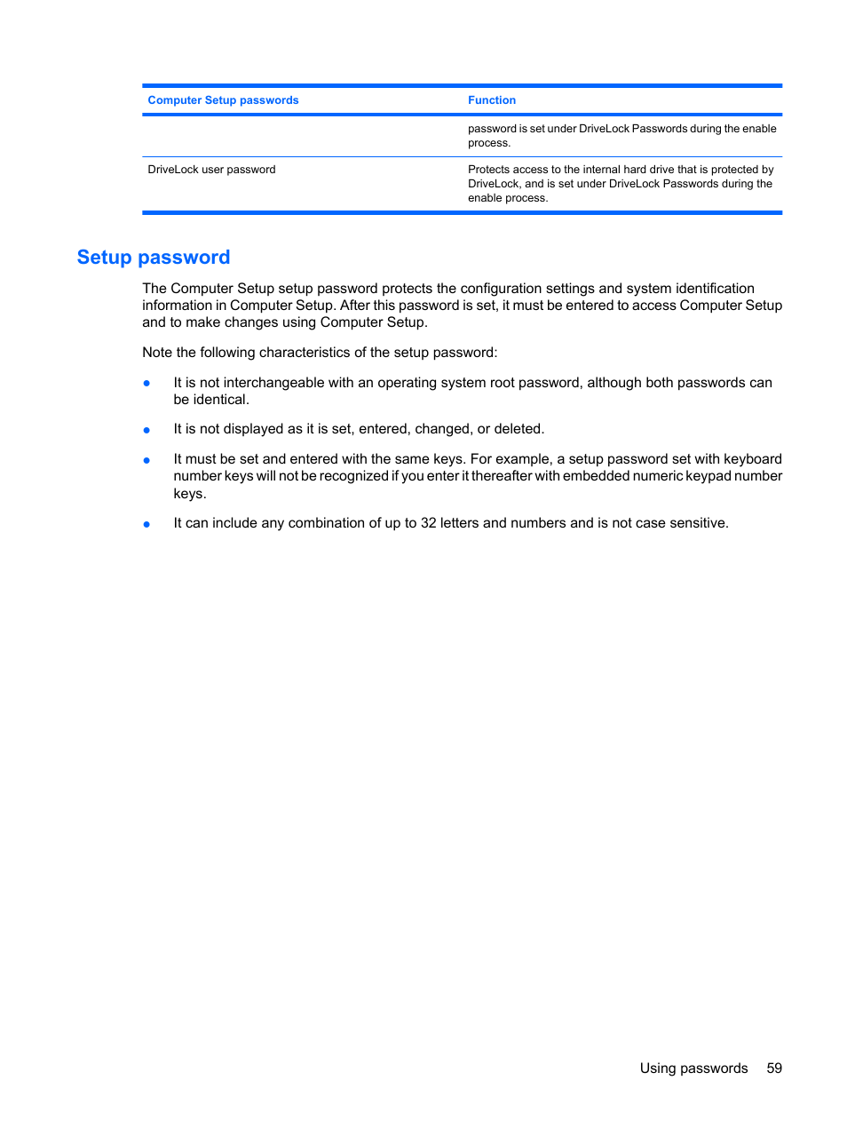 Setup password | HP ProBook 5320m Notebook PC User Manual | Page 69 / 92