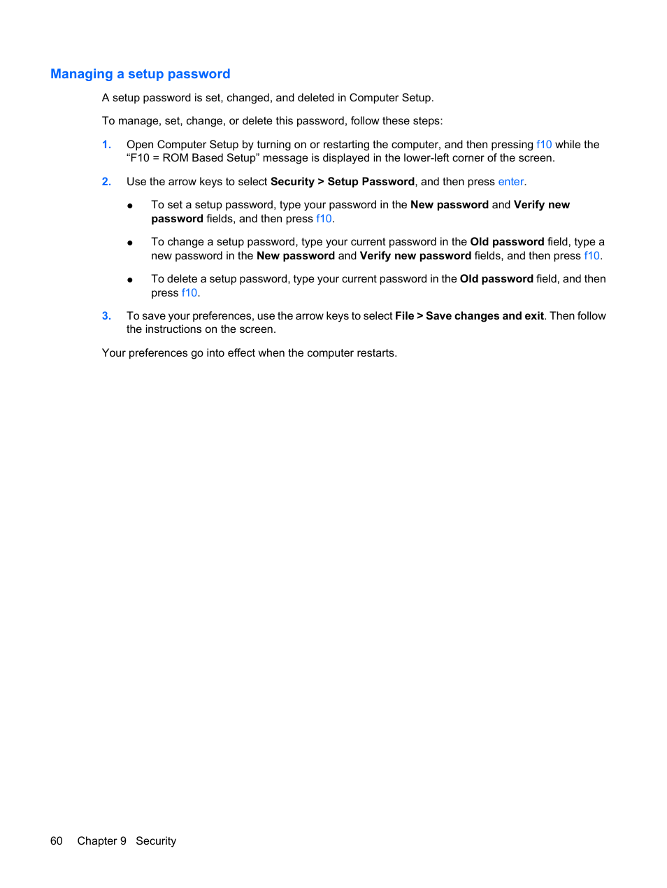 Managing a setup password | HP ProBook 5320m Notebook PC User Manual | Page 70 / 92