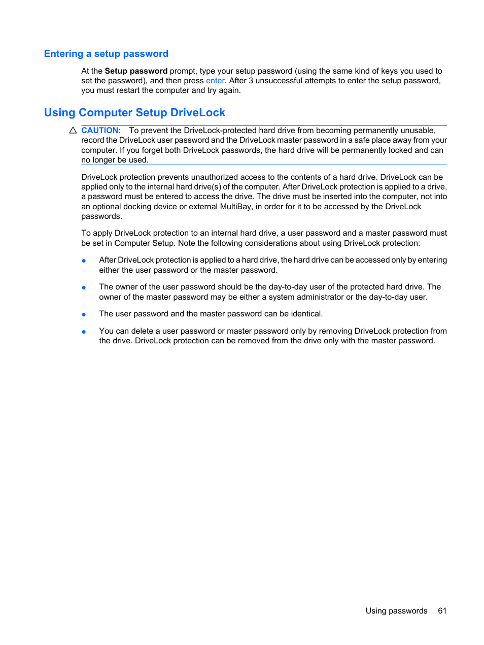 Entering a setup password, Using computer setup drivelock | HP ProBook 5320m Notebook PC User Manual | Page 71 / 92
