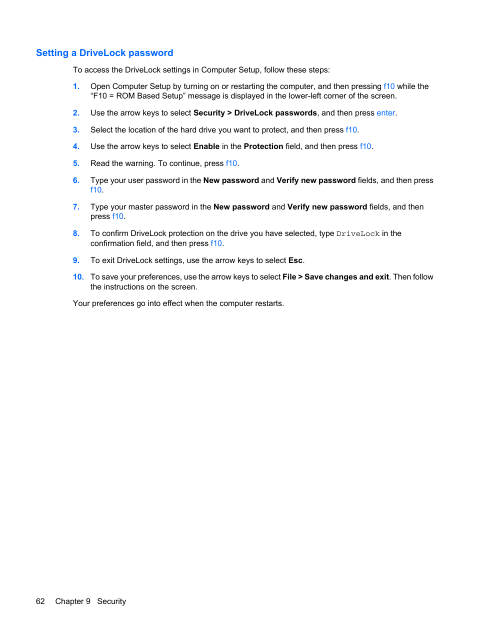 Setting a drivelock password | HP ProBook 5320m Notebook PC User Manual | Page 72 / 92