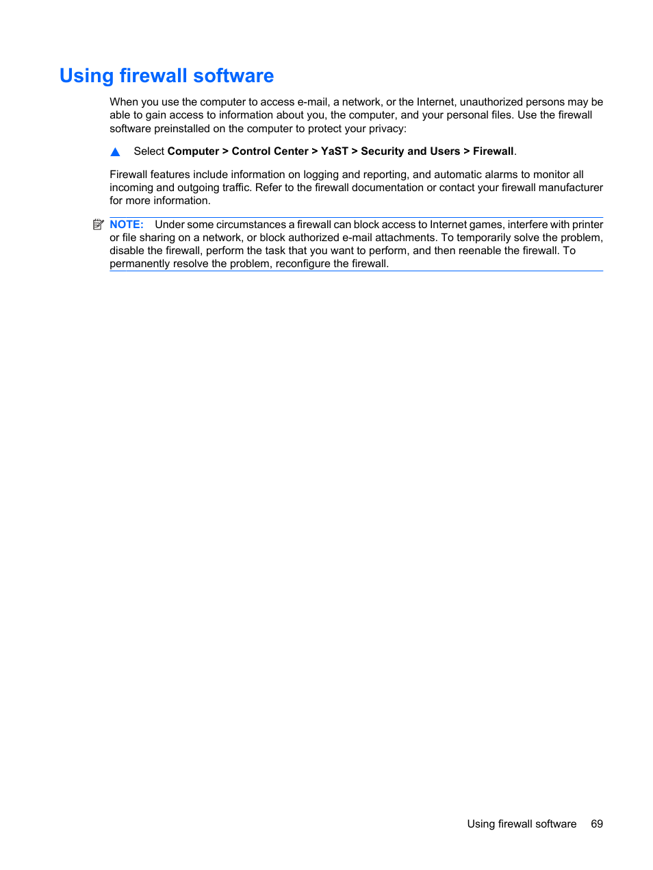 Using firewall software | HP ProBook 5320m Notebook PC User Manual | Page 79 / 92