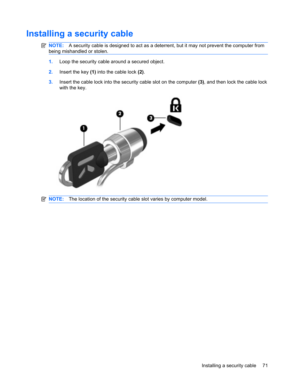 Installing a security cable | HP ProBook 5320m Notebook PC User Manual | Page 81 / 92