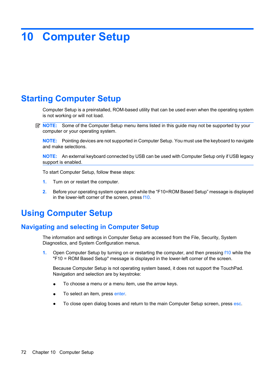 Computer setup, Starting computer setup, Using computer setup | Navigating and selecting in computer setup, 10 computer setup, Starting computer setup using computer setup | HP ProBook 5320m Notebook PC User Manual | Page 82 / 92