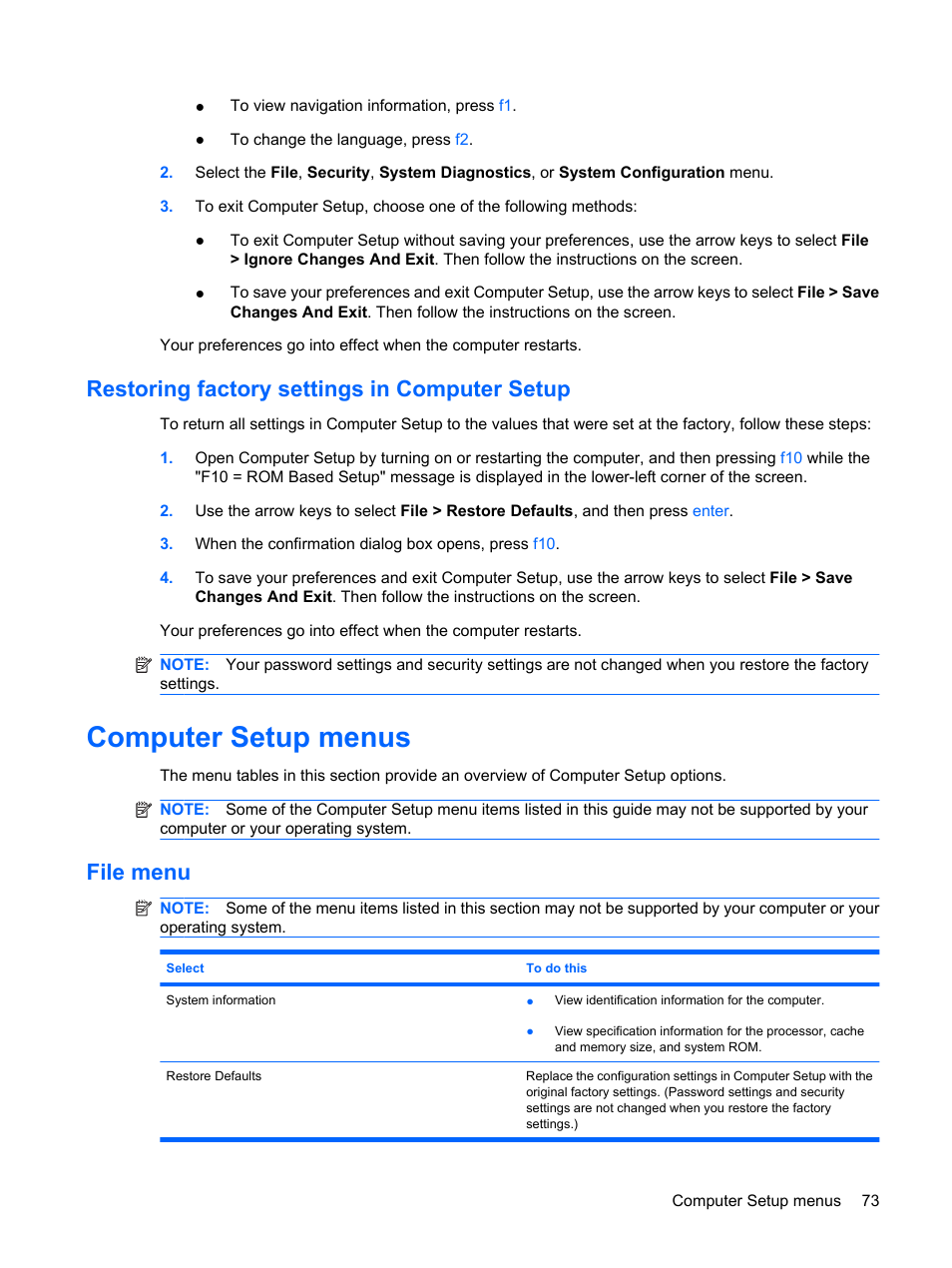 Restoring factory settings in computer setup, Computer setup menus, File menu | HP ProBook 5320m Notebook PC User Manual | Page 83 / 92
