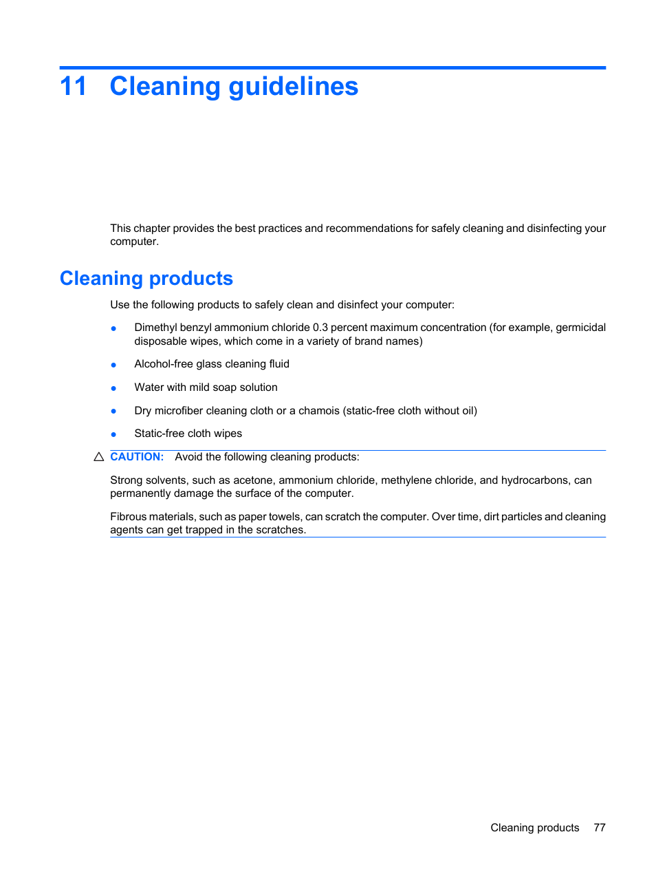 Cleaning guidelines, Cleaning products, 11 cleaning guidelines | HP ProBook 5320m Notebook PC User Manual | Page 87 / 92