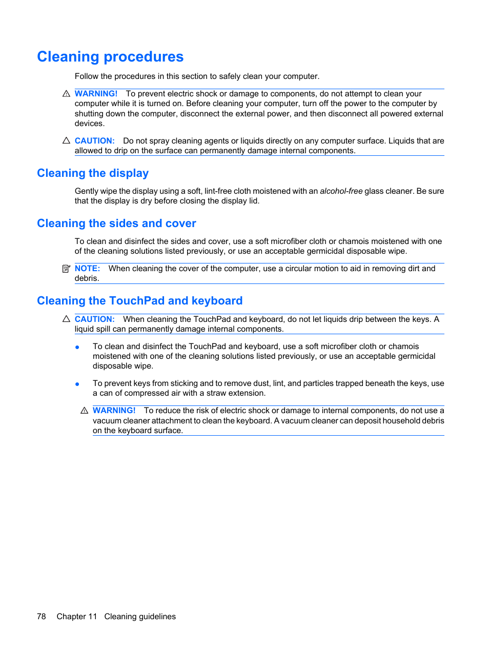 Cleaning procedures, Cleaning the display, Cleaning the sides and cover | Cleaning the touchpad and keyboard, Cleaning the display cleaning the sides and cover | HP ProBook 5320m Notebook PC User Manual | Page 88 / 92