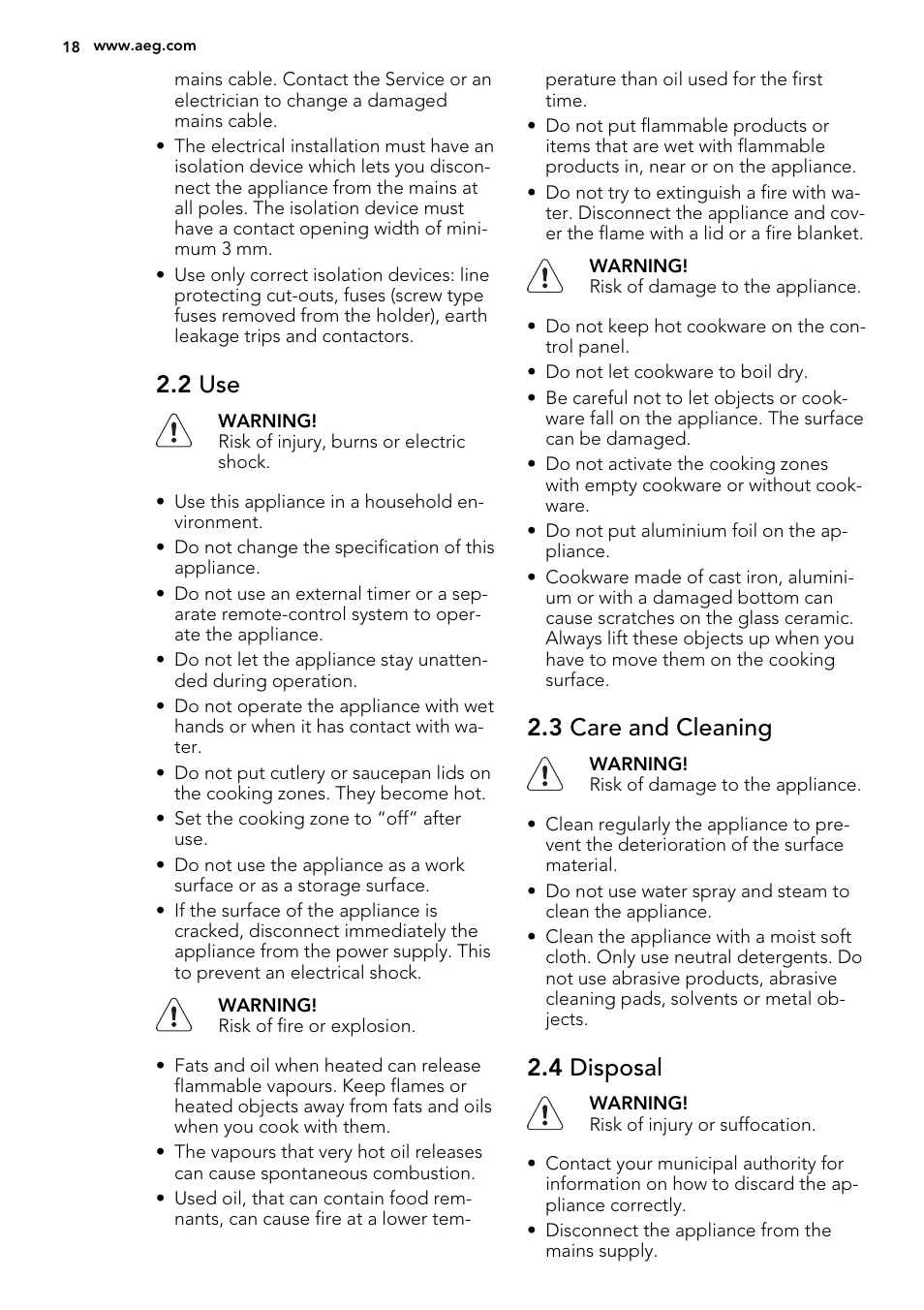 2 use, 3 care and cleaning, 4 disposal | AEG HE834080XB User Manual | Page 18 / 68
